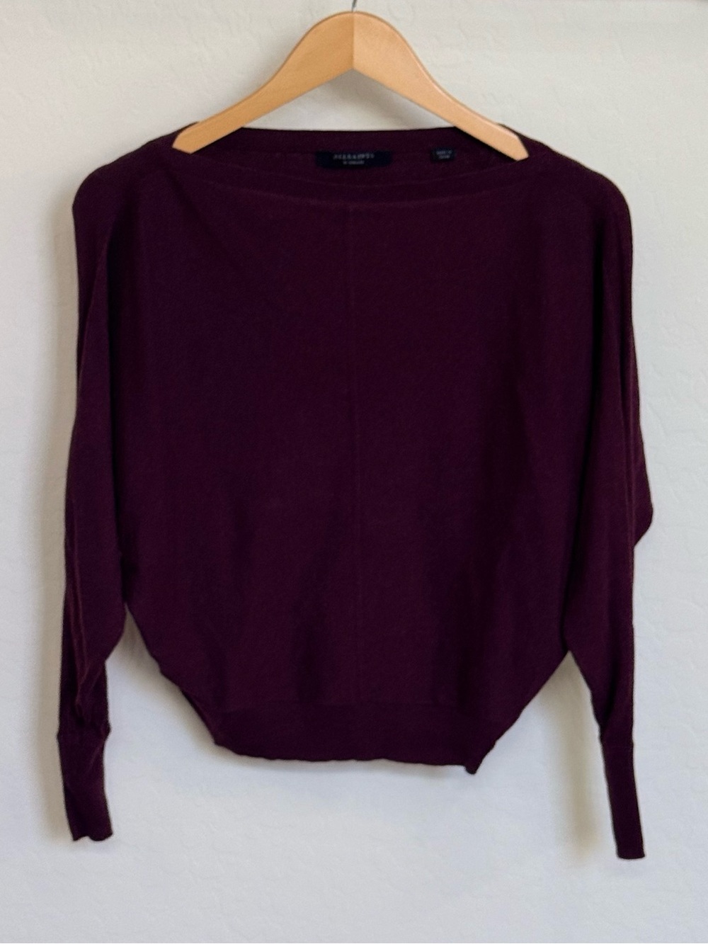 AllSaints Ellie Jumper Burgundy Batwing Boatneck Cotton Knit Sweater Size XS